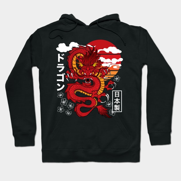 Japanese Red Dragon Asian Tattoo Inspired Retro 80s Style Hoodie by DetourShirts